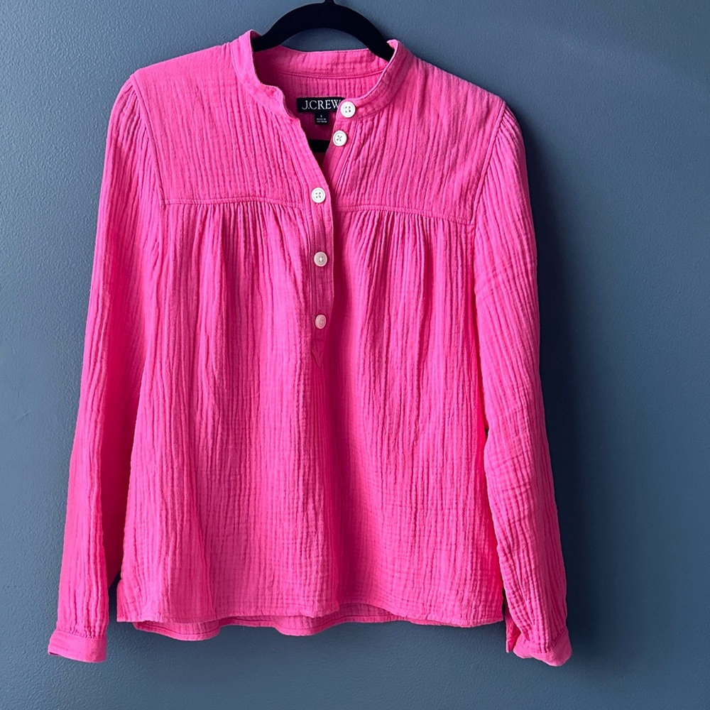 💕 J. CREW women’s top long sleeved blouse Bright Pink Button-Up Blouse small